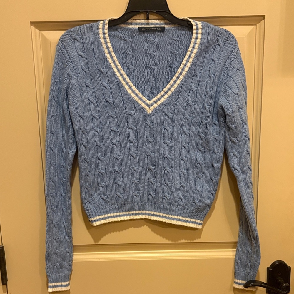 Brandy Melville Blue and White V-Neck Sweater RETIRED